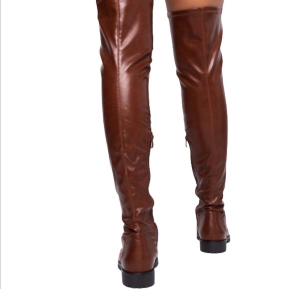 Azalea Wang Tall Brown Vegan Leather Slouchy Knee High Lace Up Riding Boots - Picture 3 of 3